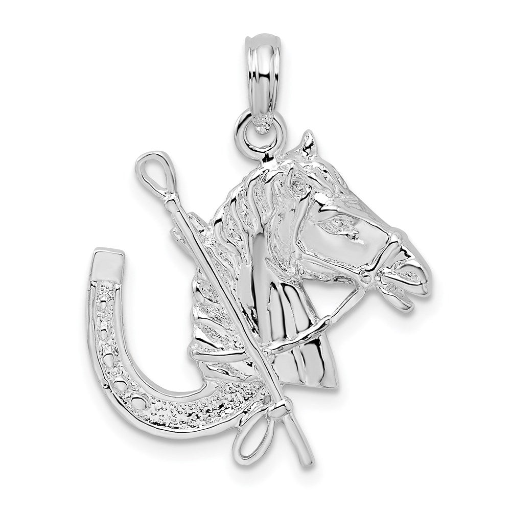 Sterling Silver Polished Horse Head w/Crop and Horseshoe Pendant