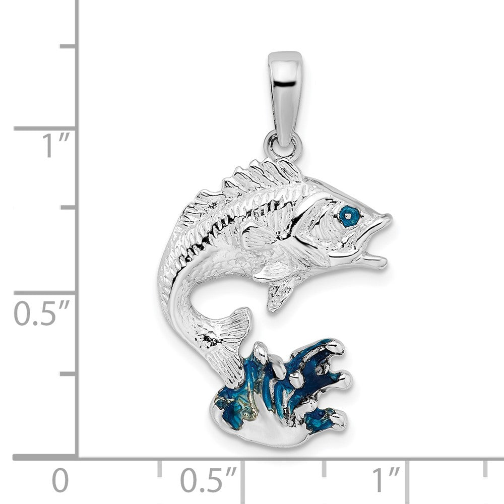 Sterling Silver Polished Enameled Jumping Bass Fish Pendant