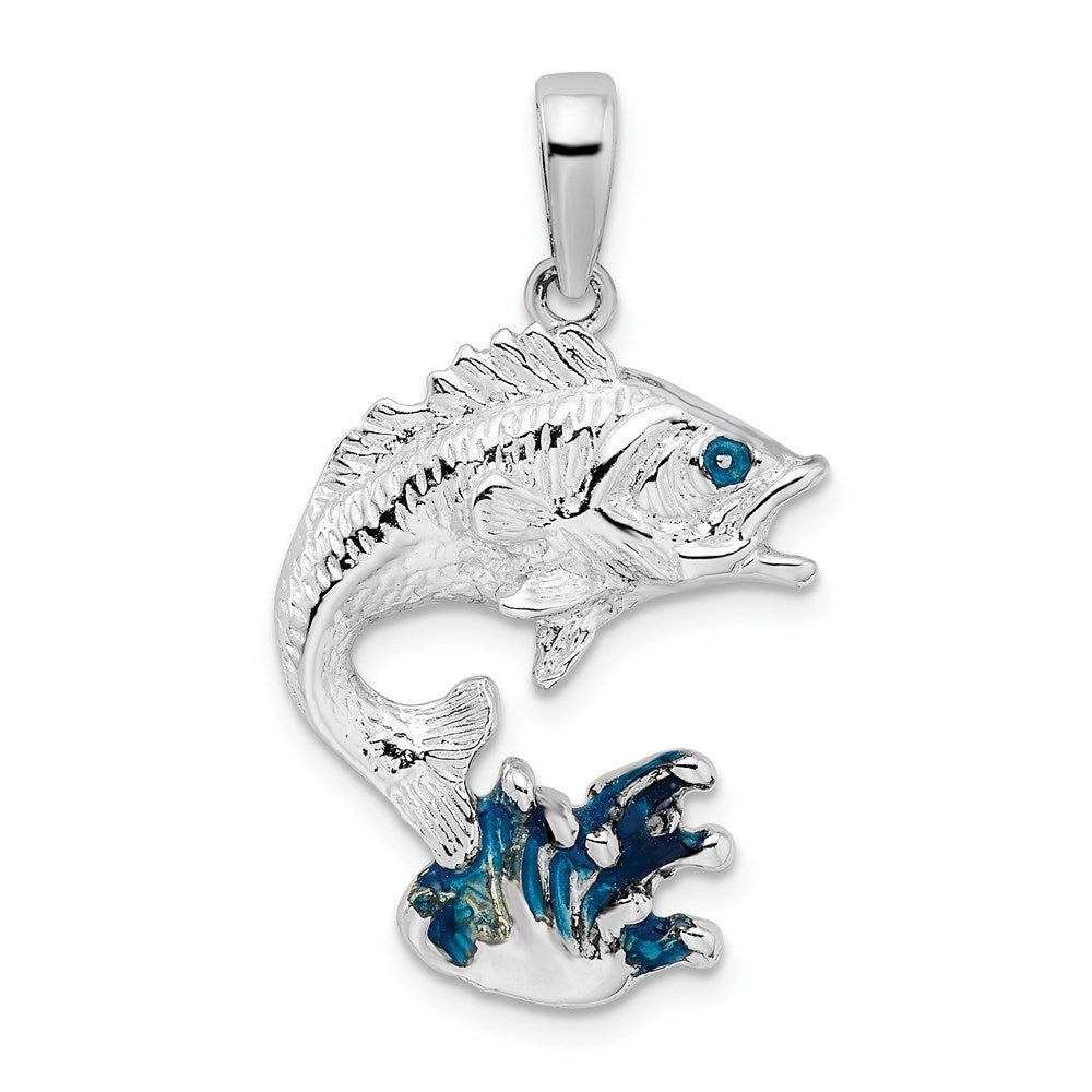 Sterling Silver Polished Enameled Jumping Bass Fish Pendant