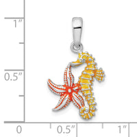 Sterling Silver Polished Enameled  Starfish and Seahorse Pendant