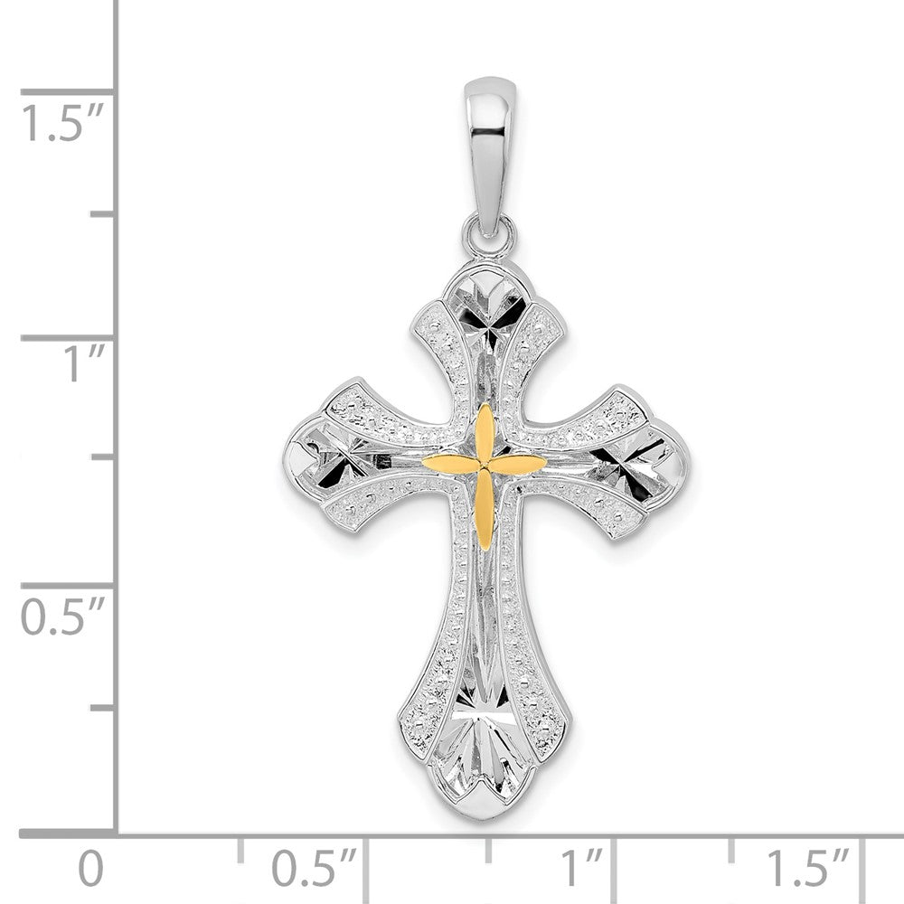Sterling Silver Diamond-cut Budded Cross w/14k Accent  Pendant