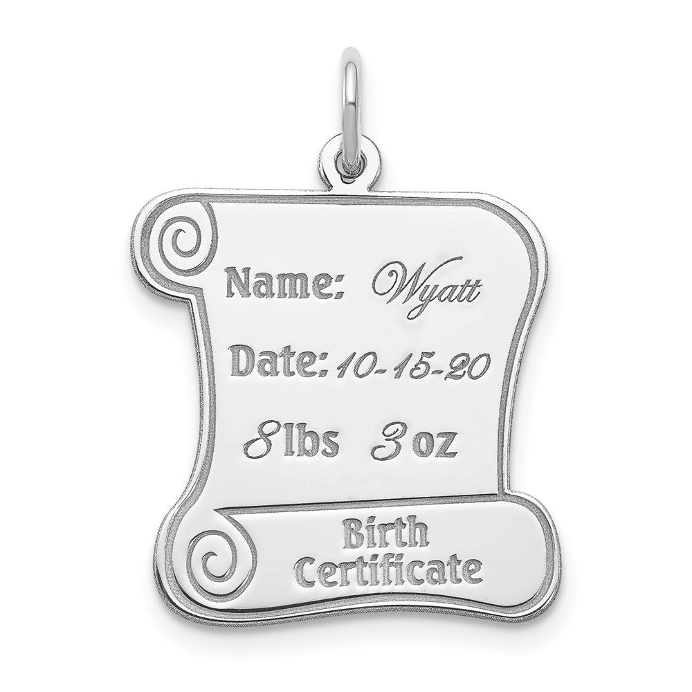 Sterling Silver Rhodium-plated Personalizable Birth Certificate Charm