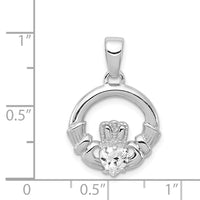 Sterling Silver Rhodium Plated CZ Claddagh Pendant