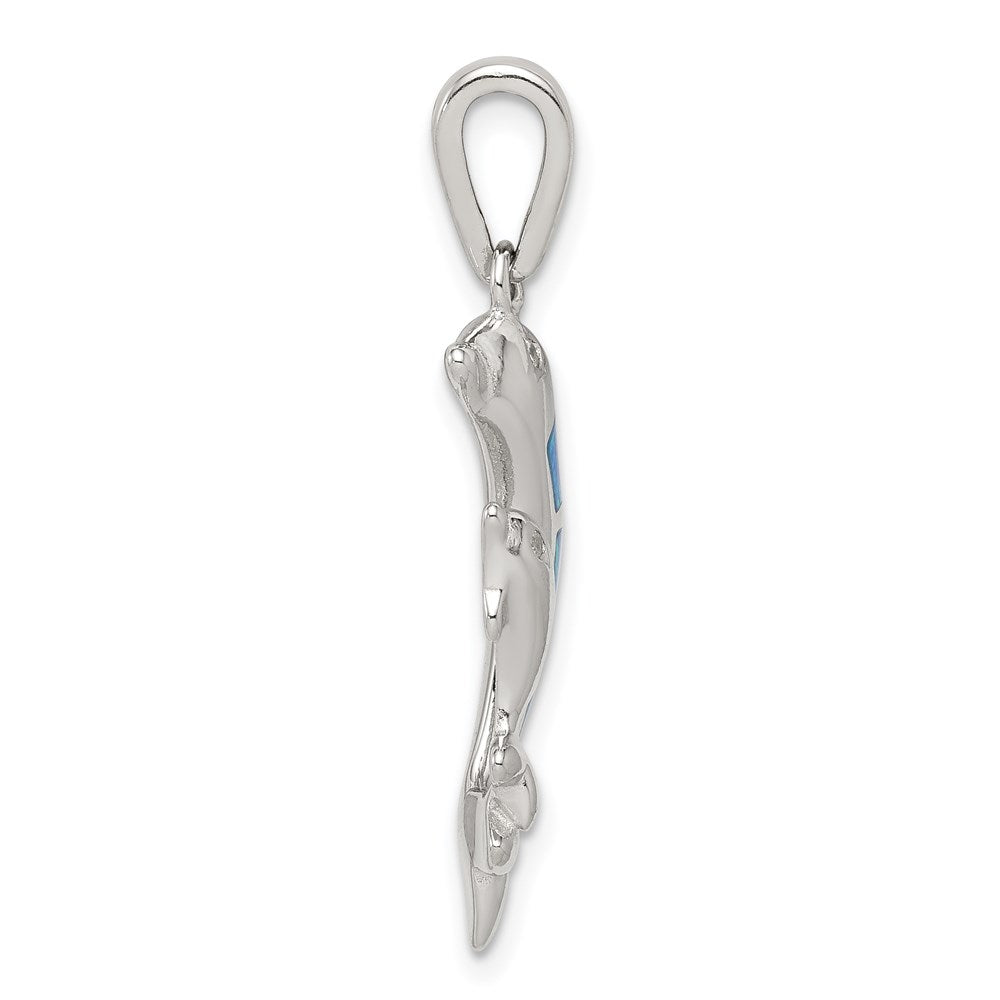 Sterling Silver Blue Inlay Created Opal Dolphin Pendant