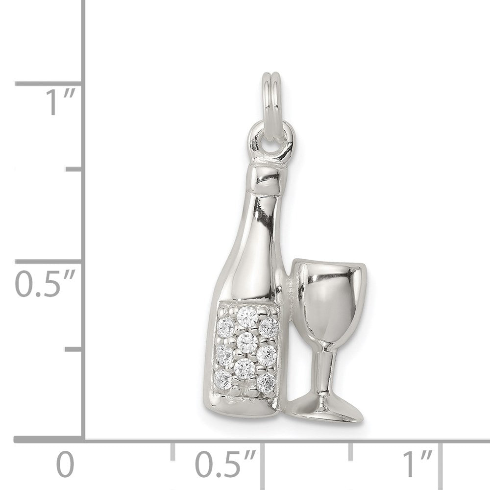 Sterling Silver CZ Wine/Champagne Bottle/Glass Charm Pendant