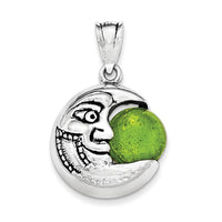 Sterling Silver Antiqued Half Moon with Face & Green Stone Pendant