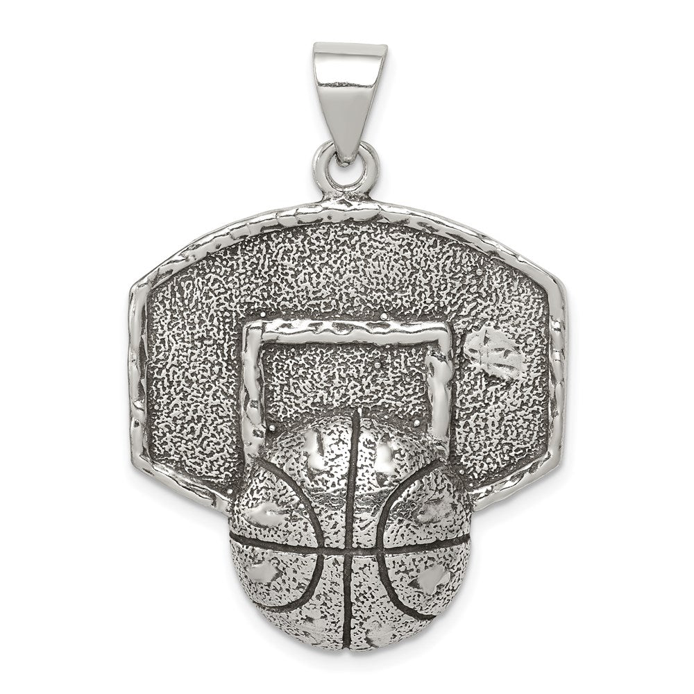 Sterling Silver Antiqued & Textured Basketball with Backboard Pendant