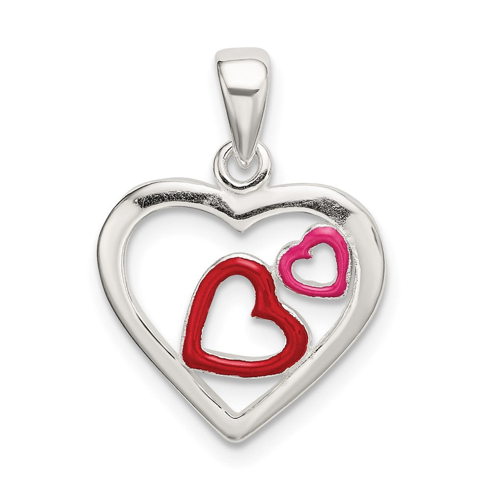 Sterling Silver Polished Red and Pink Enameled Hearts Pendant