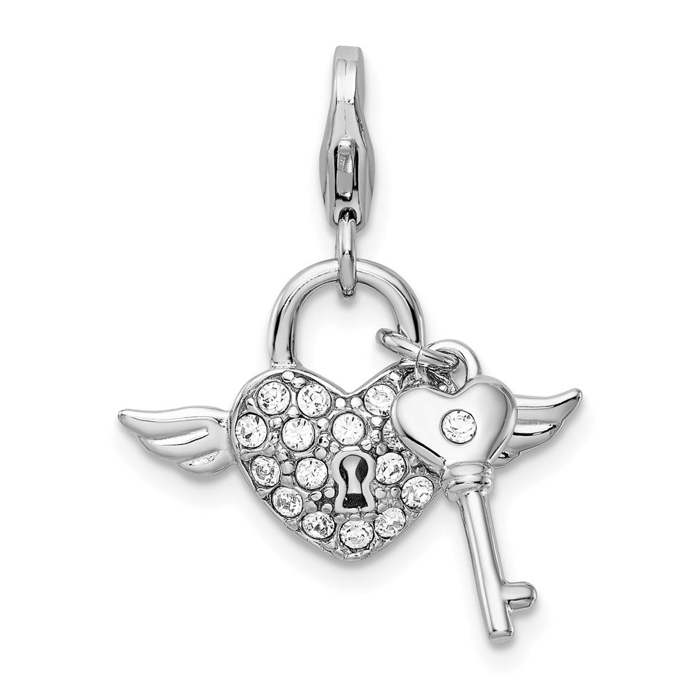 Sterling Silver Amore La Vita Rh-pl Enamel Swarovski Wing Heart Key Charm