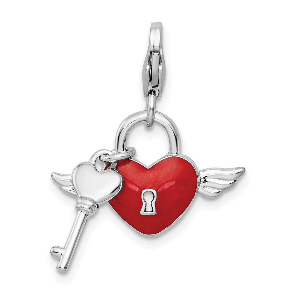 Sterling Silver Amore La Vita Rh-pl Enamel Swarovski Wing Heart Key Charm
