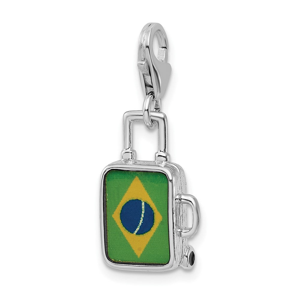 Sterling Silver Amore La Vita Rh-pl Enameled Brazilian Flag Suitcase Charm