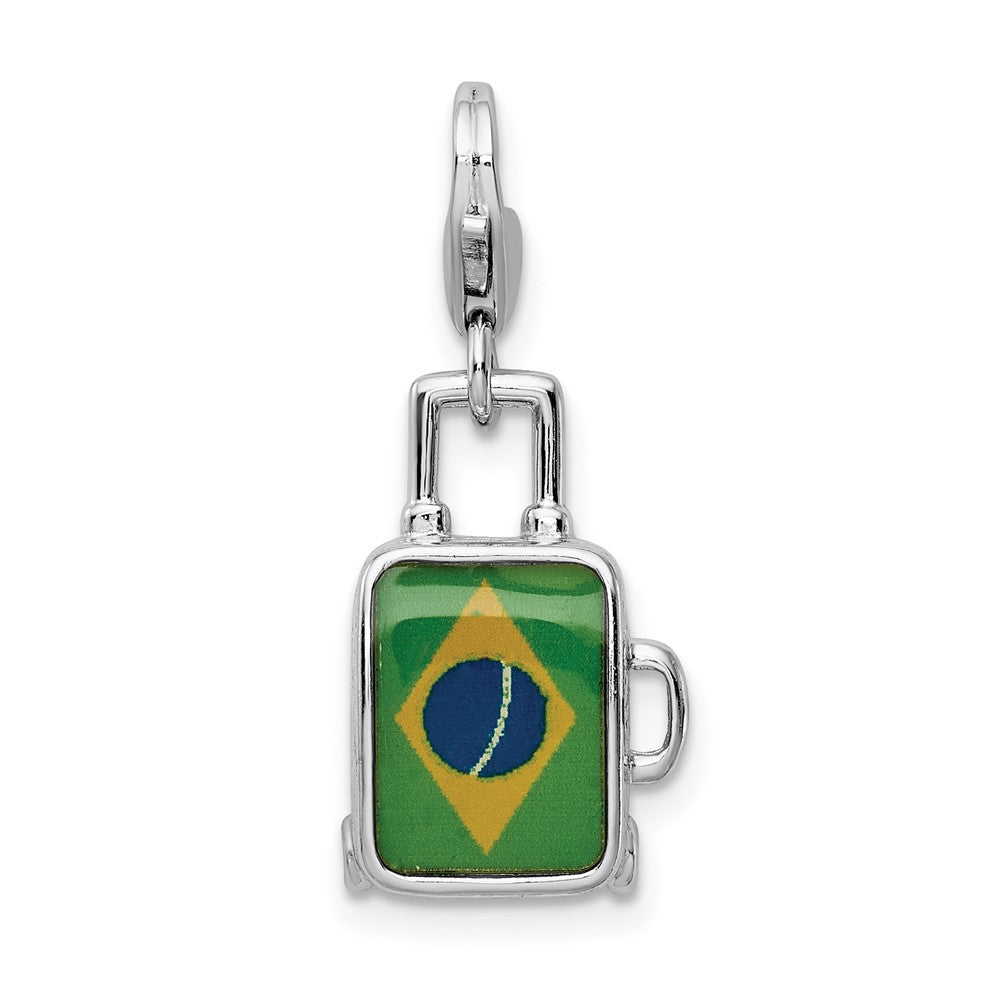 Sterling Silver Amore La Vita Rh-pl Enameled Brazilian Flag Suitcase Charm