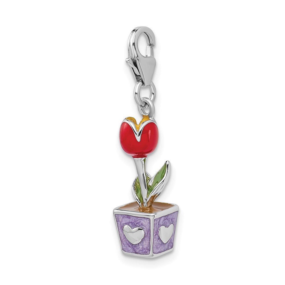 Sterling Silver Amore La Vita Rhodium-pl 3-D Enameled Potted Tulip Charm