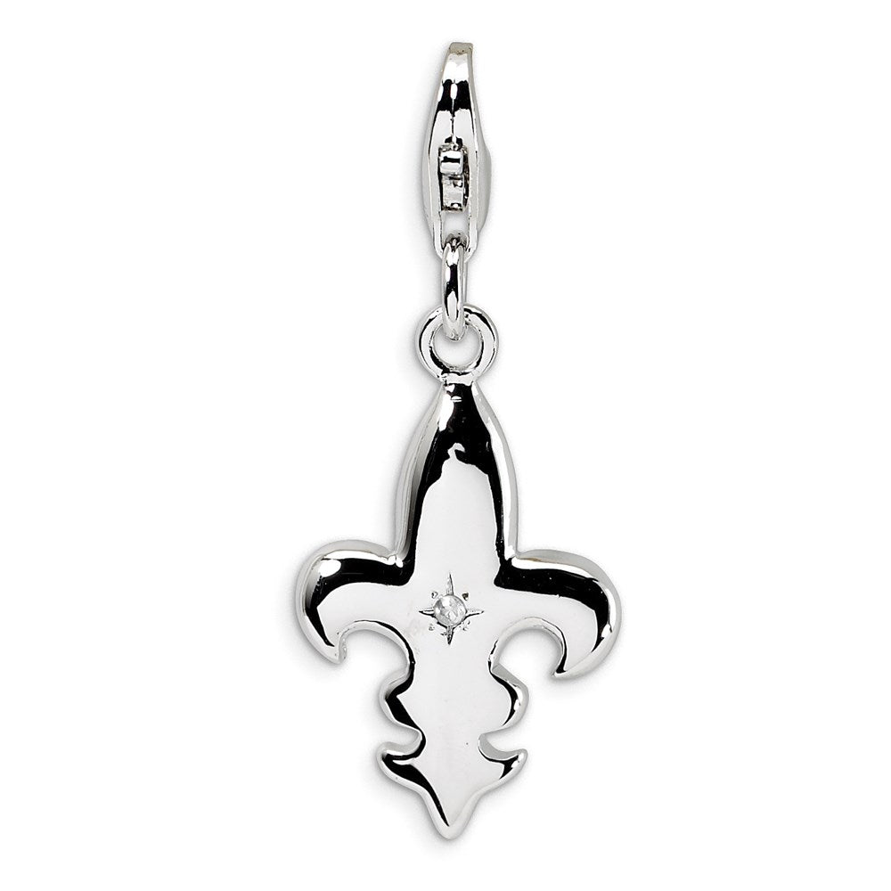 Sterling Silver CZ Polished Fleur de Lis with w/Lobster Clasp Charm