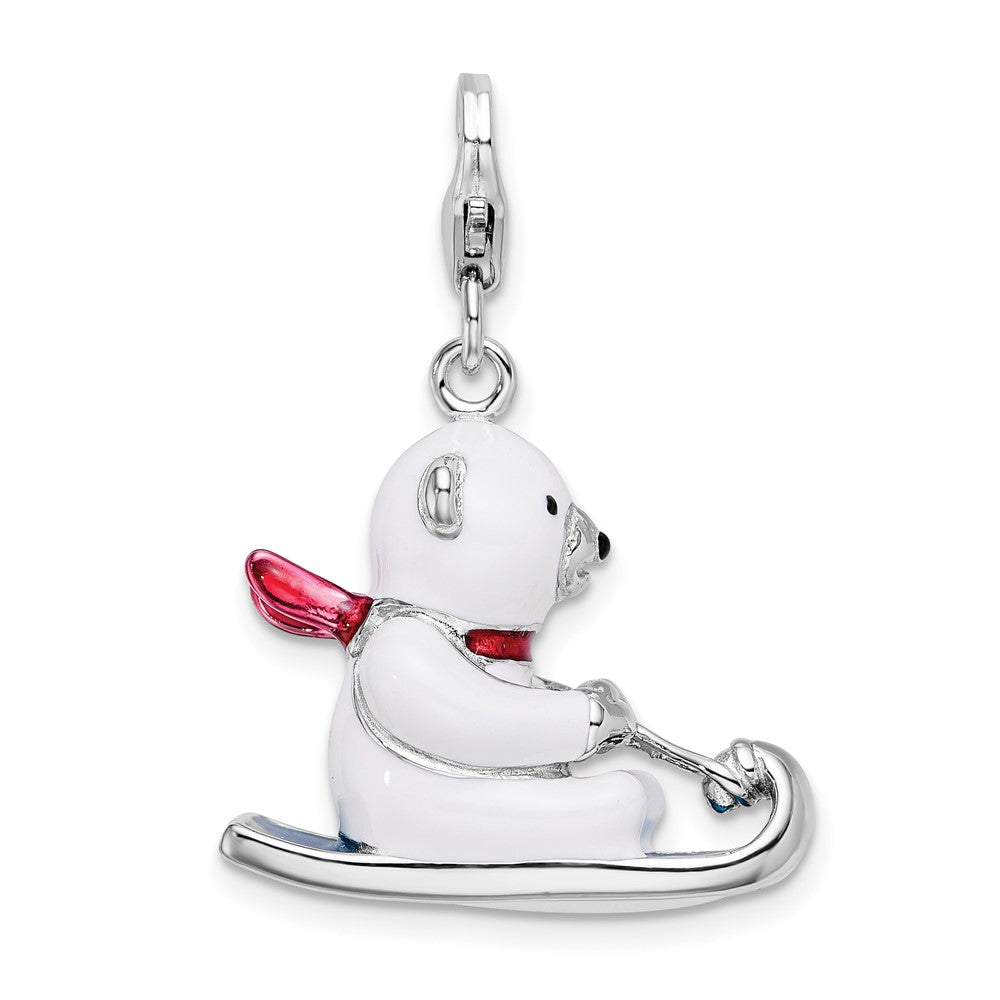 Sterling Silver 3-D Enameled Polar Bear on Sled w/Lobster Clasp Charm