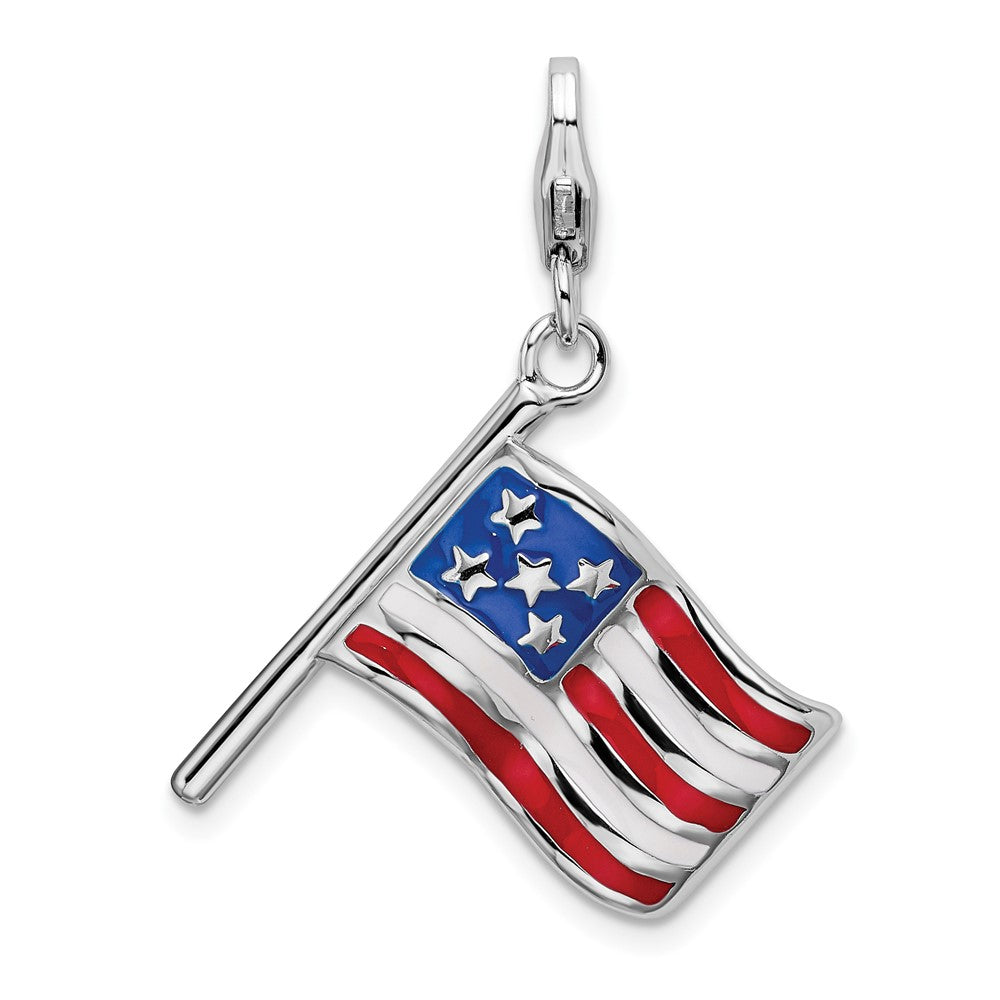 Sterling Silver Amore La Vita Rhod-pl 3-D Enameled American Flag Charm
