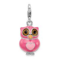 Sterling Silver Amore La Vita Rhod-pl Pink Enameled 3-D Heart Owl Charm
