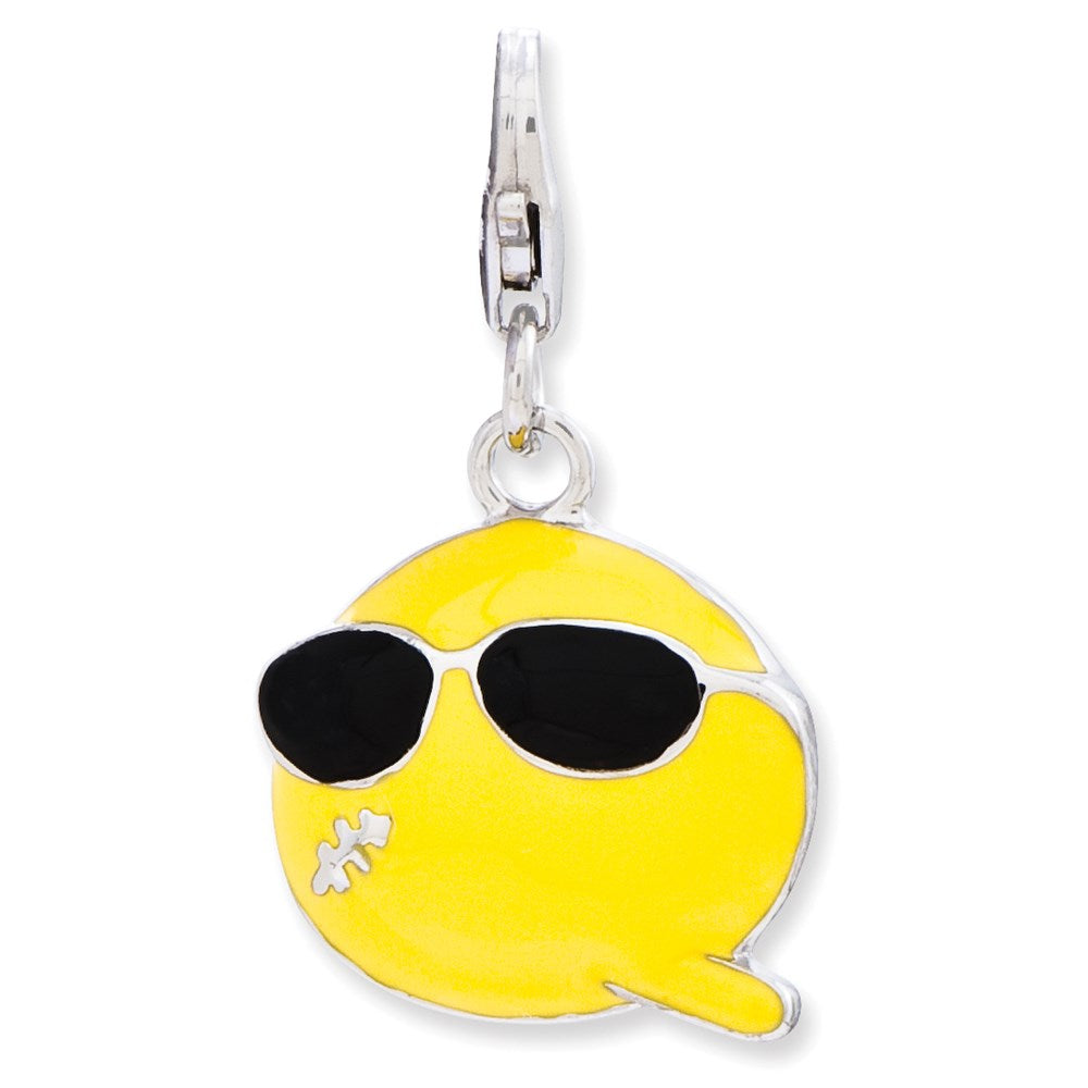 Sterling Silver Enameled Smiley Face w/Sunglasses w/Lobster Clasp Charm