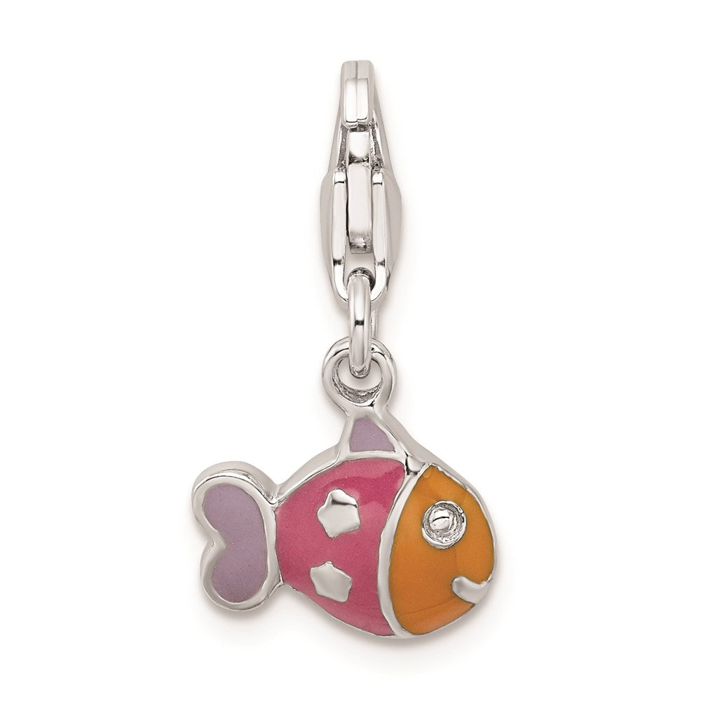 Sterling Silver Rhodium-plated 3-D Enameled Fish w/Lobster Clasp Charm