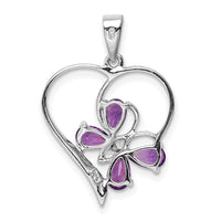 Sterling Silver RH Plated Amethyst and Diamond Butterfly Heart Pendant