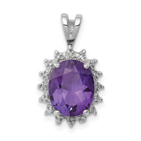 Sterling Silver Rhodium Plated Oval Amethyst and Diamond Pendant