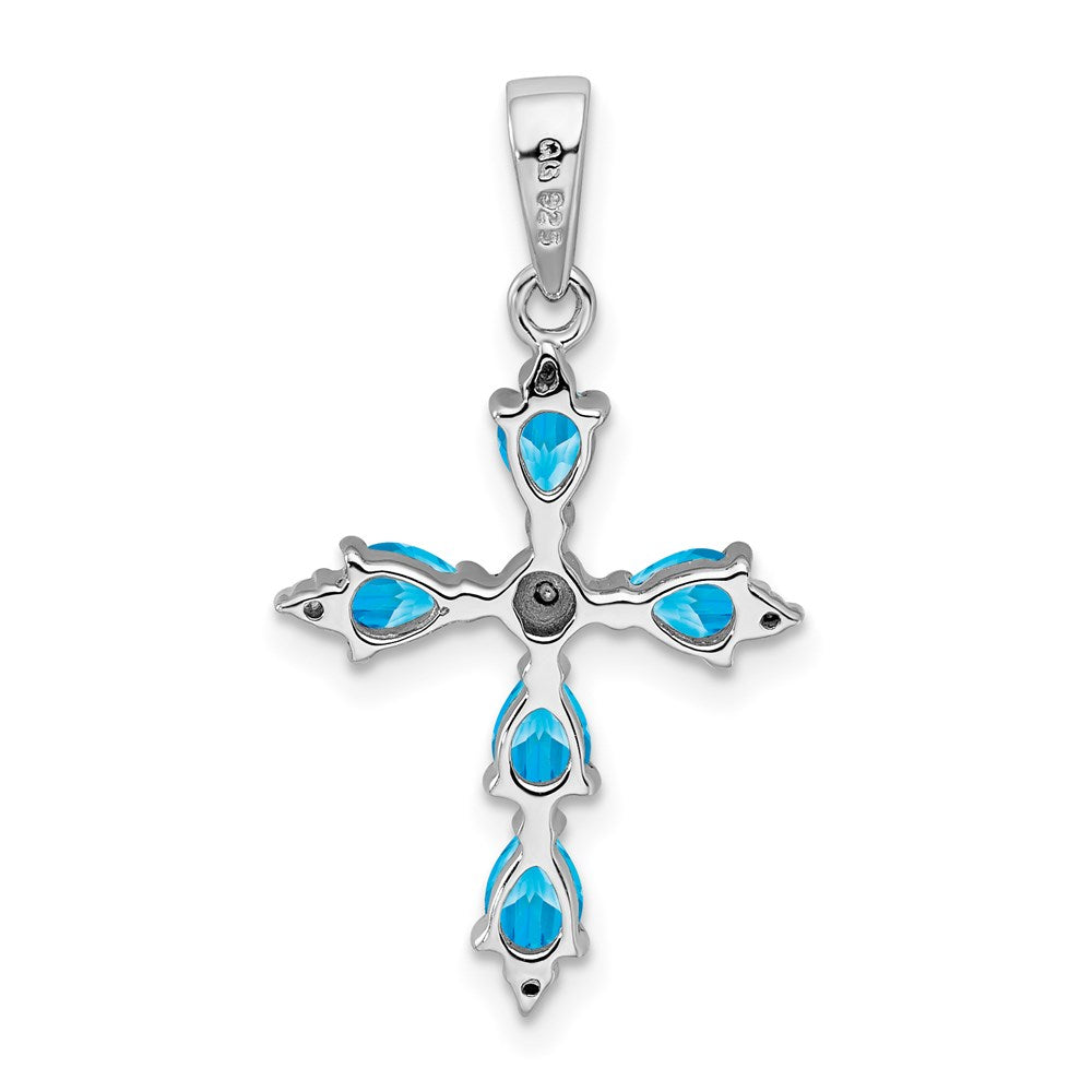 Sterling Silver Rhodium Pear Swiss Blue Topaz Cross Pendant