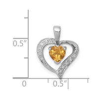 Sterling Silver Rhodium Heart Citrine & Diamond Heart Pendant