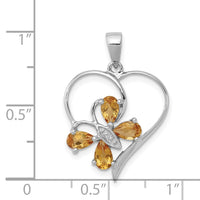 Sterling Silver Rhodium Citrine & Diamond Butterfly Heart Pendant