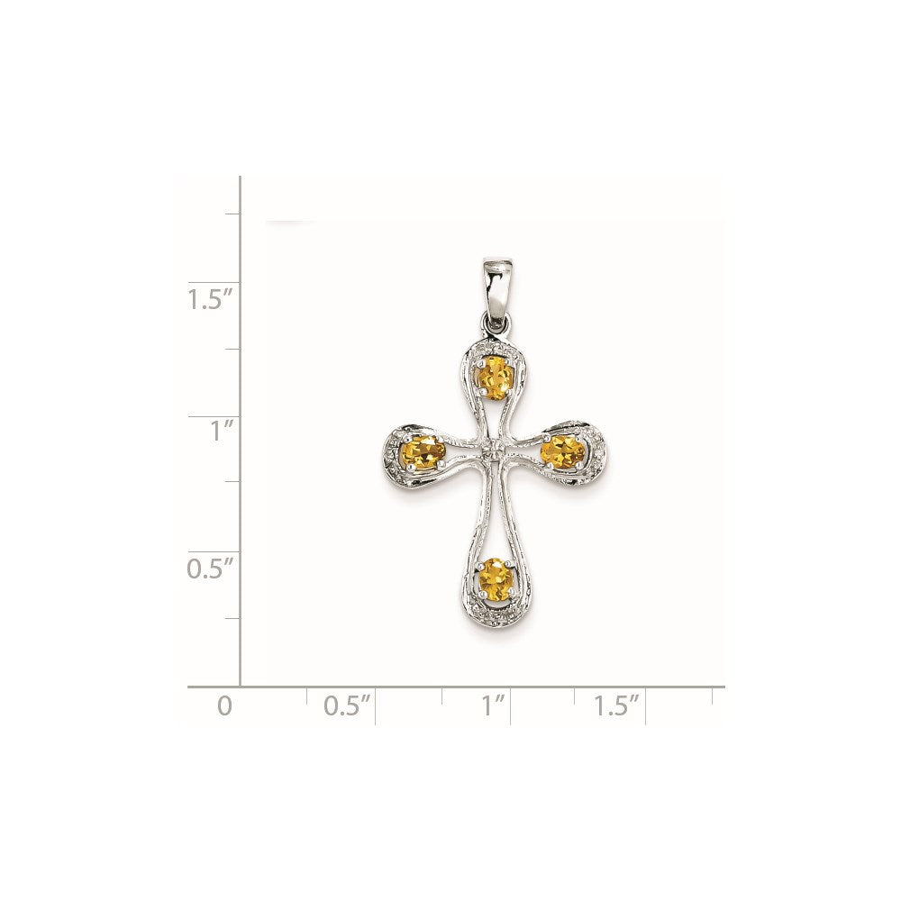 Sterling Silver Rhodium Citrine & Diamond Cross Pendant