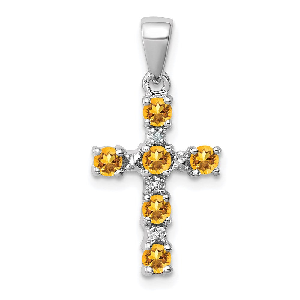 Sterling Silver Rhodium Citrine & Diamond Accent Cross Pendant