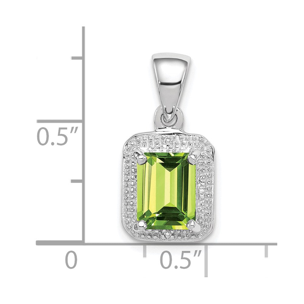 Sterling Silver Rhodium Plated Emerald-cut Peridot and Diamond Pendant