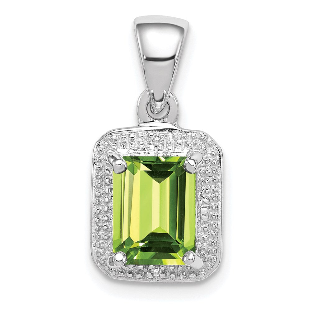 Sterling Silver Rhodium Plated Emerald-cut Peridot and Diamond Pendant