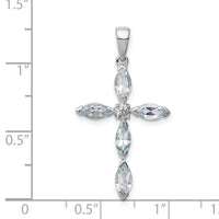 Sterling Silver Rhodium Aqua & Diamond Cross Pendant