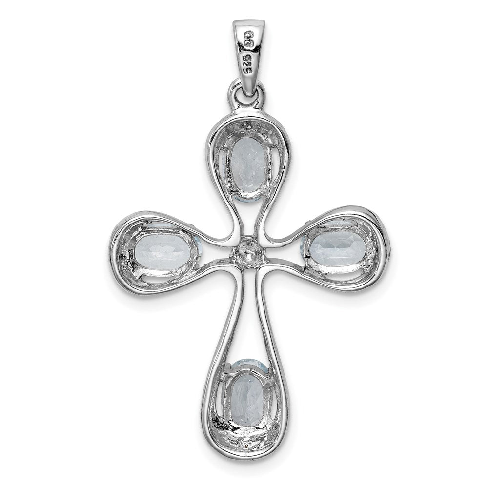 Sterling Silver Rhodium-plated Aquamarine & Diamond Cross Pendant
