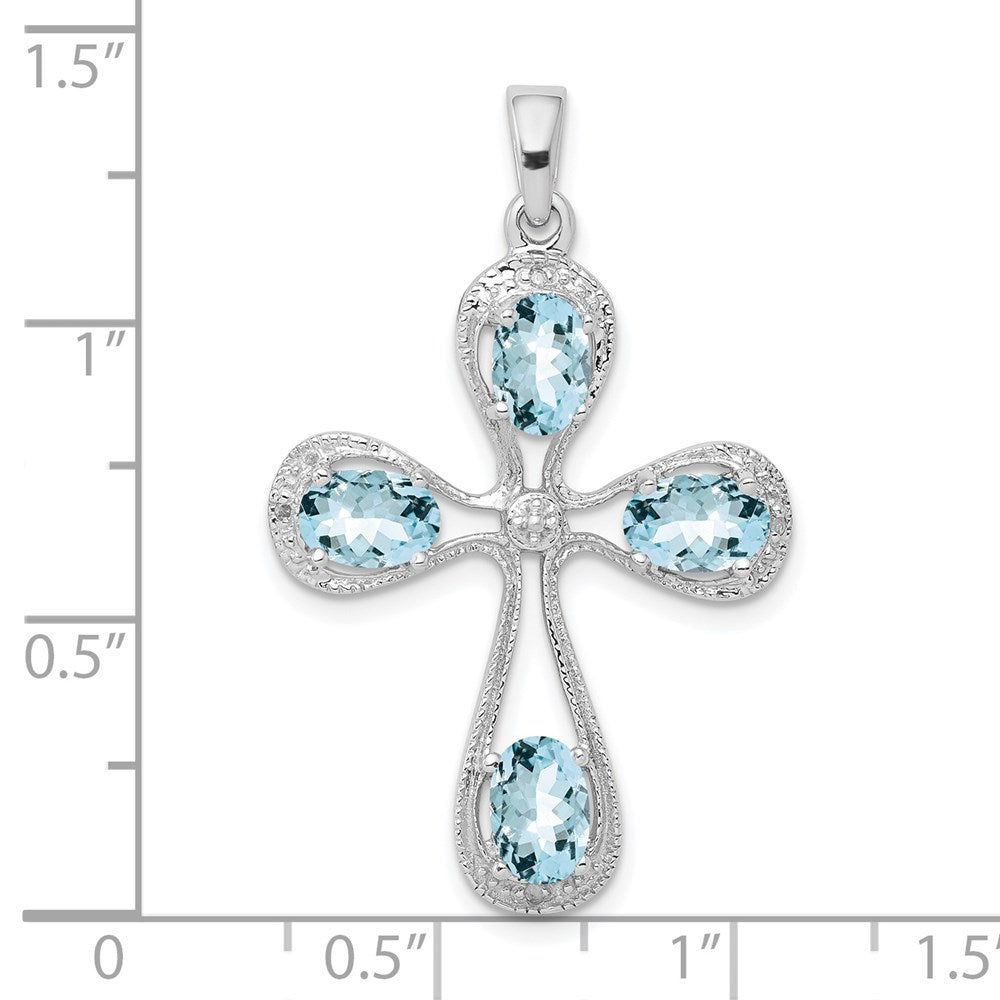 Sterling Silver Rhodium-plated Aquamarine & Diamond Cross Pendant