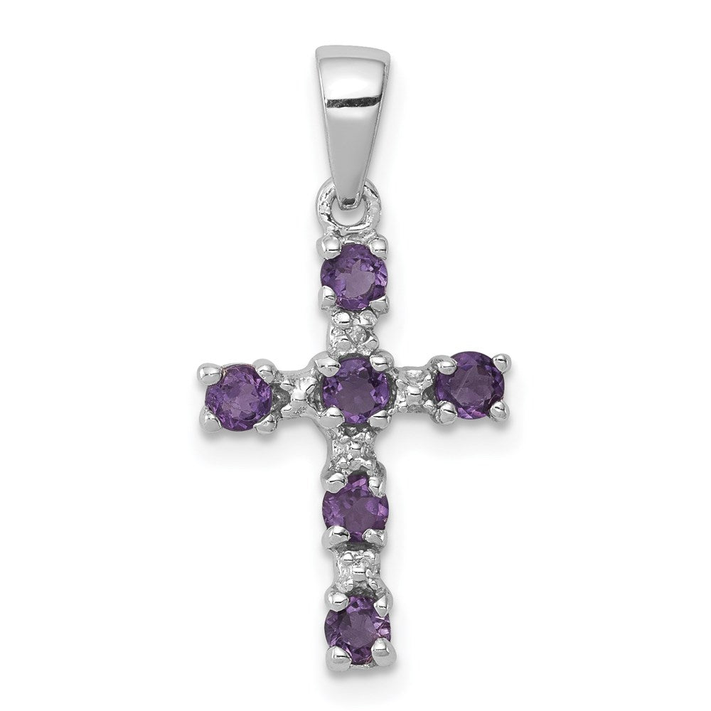 Sterling Silver RH Plated Amethyst and Diamond Accent Cross Pendant