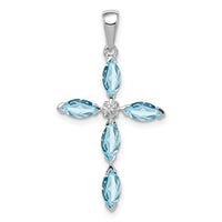 Sterling Silver Rhodium Lt Sw Blue Topaz Cross & Diamond Pendant