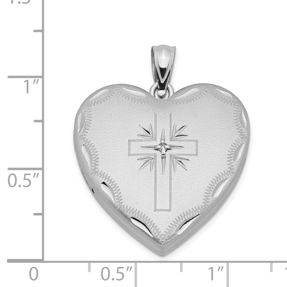Sterling Silver RH-plated 24mm Satin & D/C w/ Diamond Cross Heart Locket