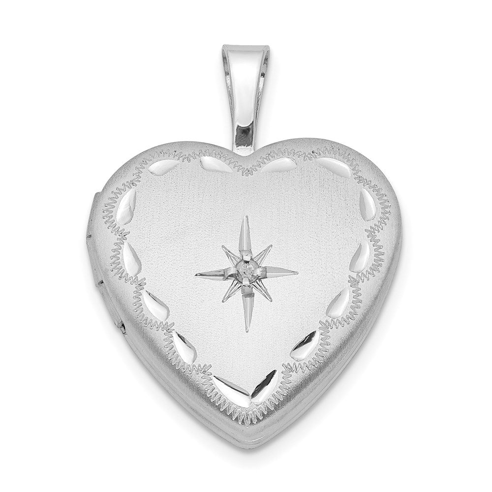 Sterling Silver Rhodium-plated Satin & D/C Diamond Star Heart Locket