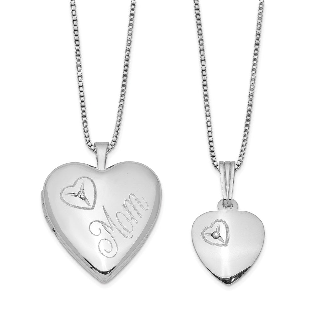 Sterling Silver Rhodium-plated Polished Diamond Heart 18in Mom Locket Necklace & 14in Heart Pendant Necklace Set
