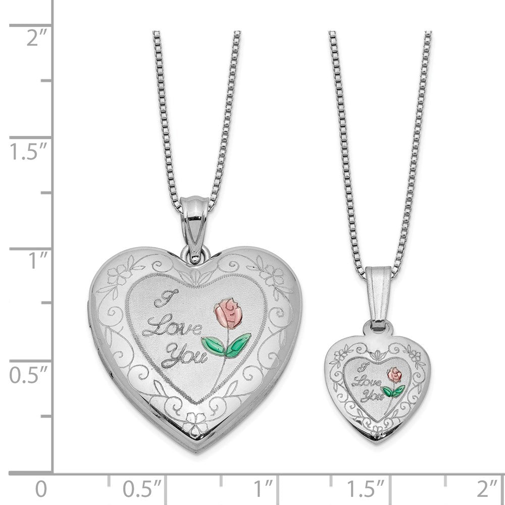 Sterling Silver Rhodium-plated Enameled Polished/Satin Rose I Love You Heart Mom 18in Locket & Daughter 14in Pendant Necklace Set