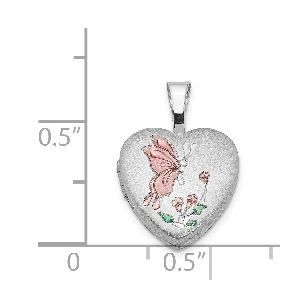 Sterling Silver Rhodium-plated Enamel Butterfly Flowers 12mm Heart Locket