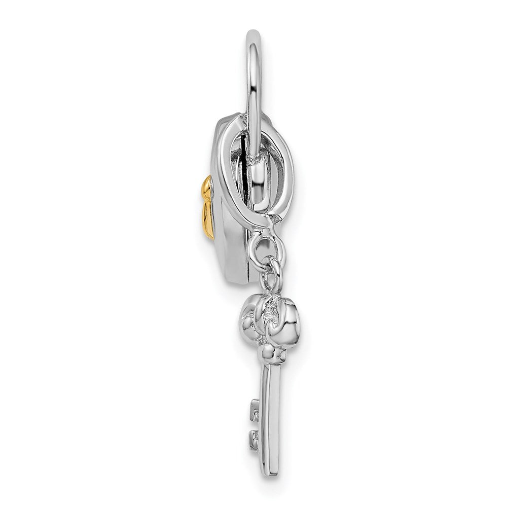 Sterling Silver Rhod & Gold-plated 10mm Heart Lock & Key Hinge Locket Charm