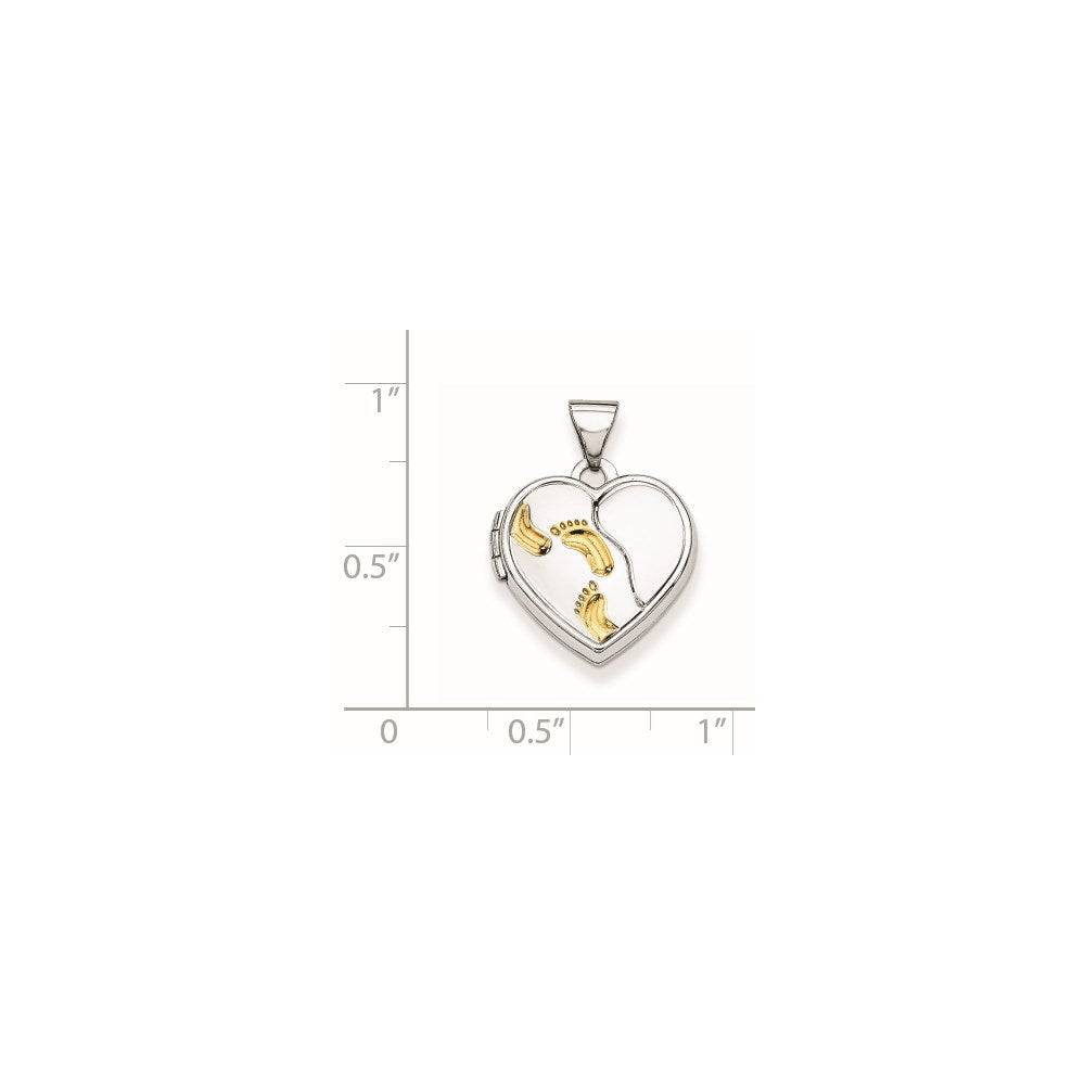 Sterling Silver Rhodium & Gold-plated 15m Heart Foot Prints Locket