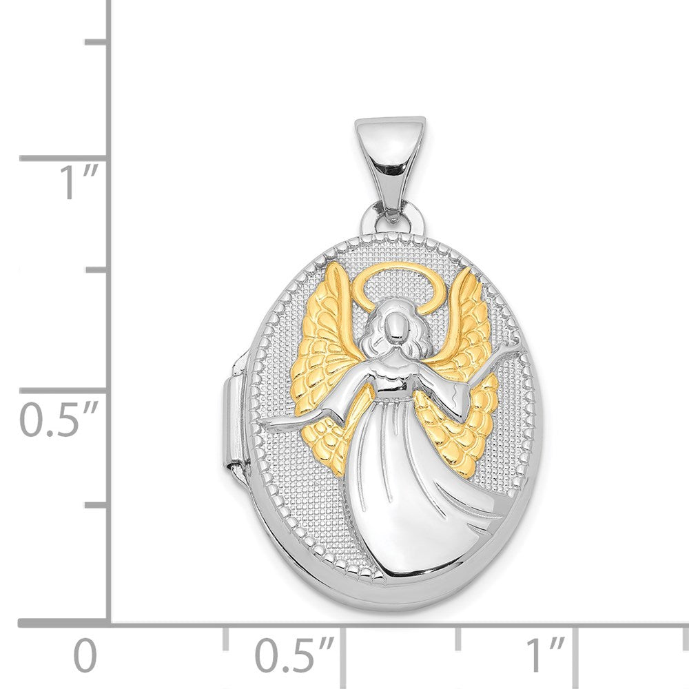 Sterling Silver Rhodium-plated & Gold-plated Guardian Angel Oval Locket