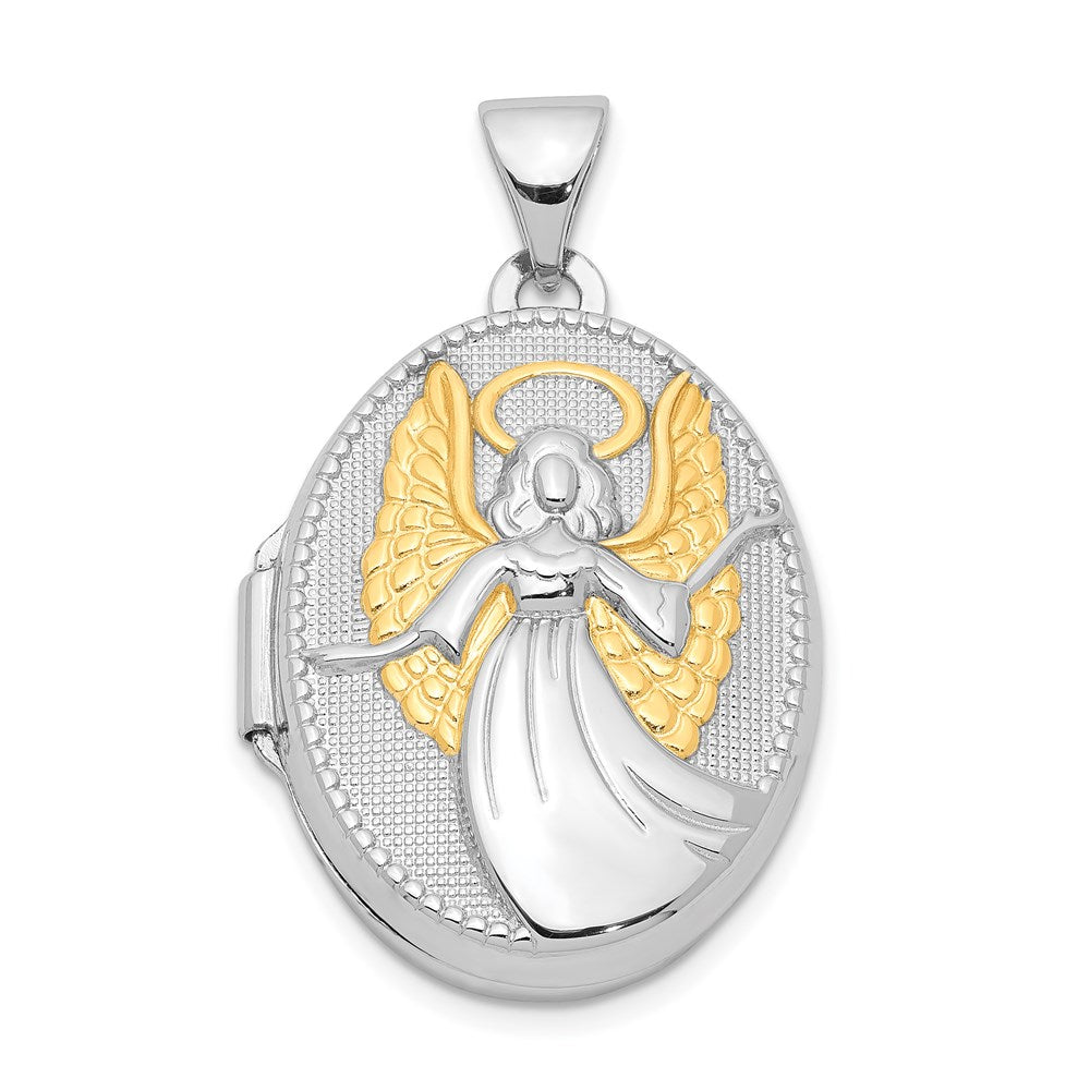 Sterling Silver Rhodium-plated & Gold-plated Guardian Angel Oval Locket