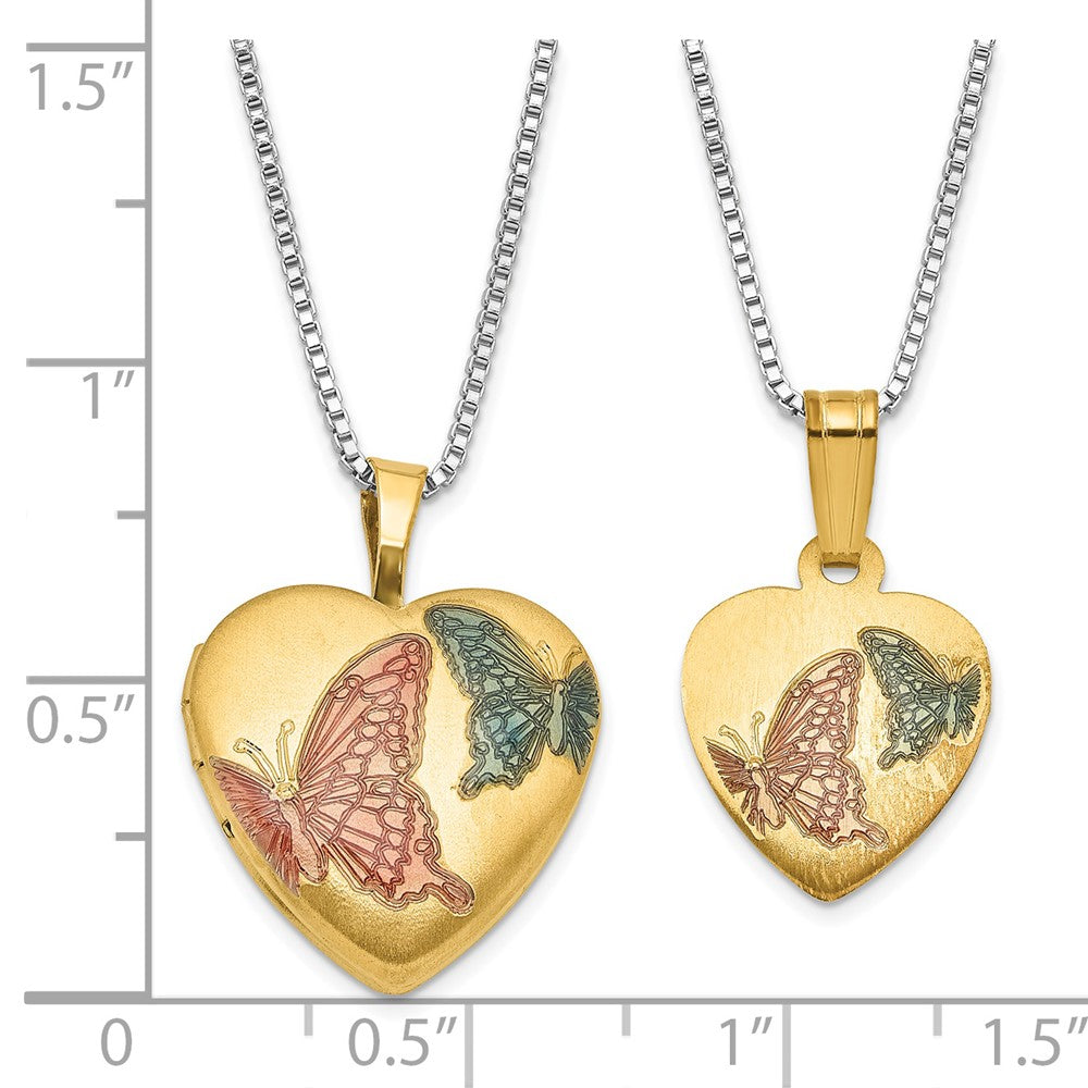 Sterling Silver Gold-plated Enamel Butterfly Heart 16mm 18in Locket & 14in Pendant Necklace Set