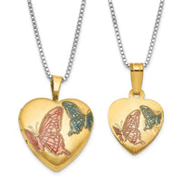 Sterling Silver Gold-plated Enamel Butterfly Heart 16mm 18in Locket & 14in Pendant Necklace Set