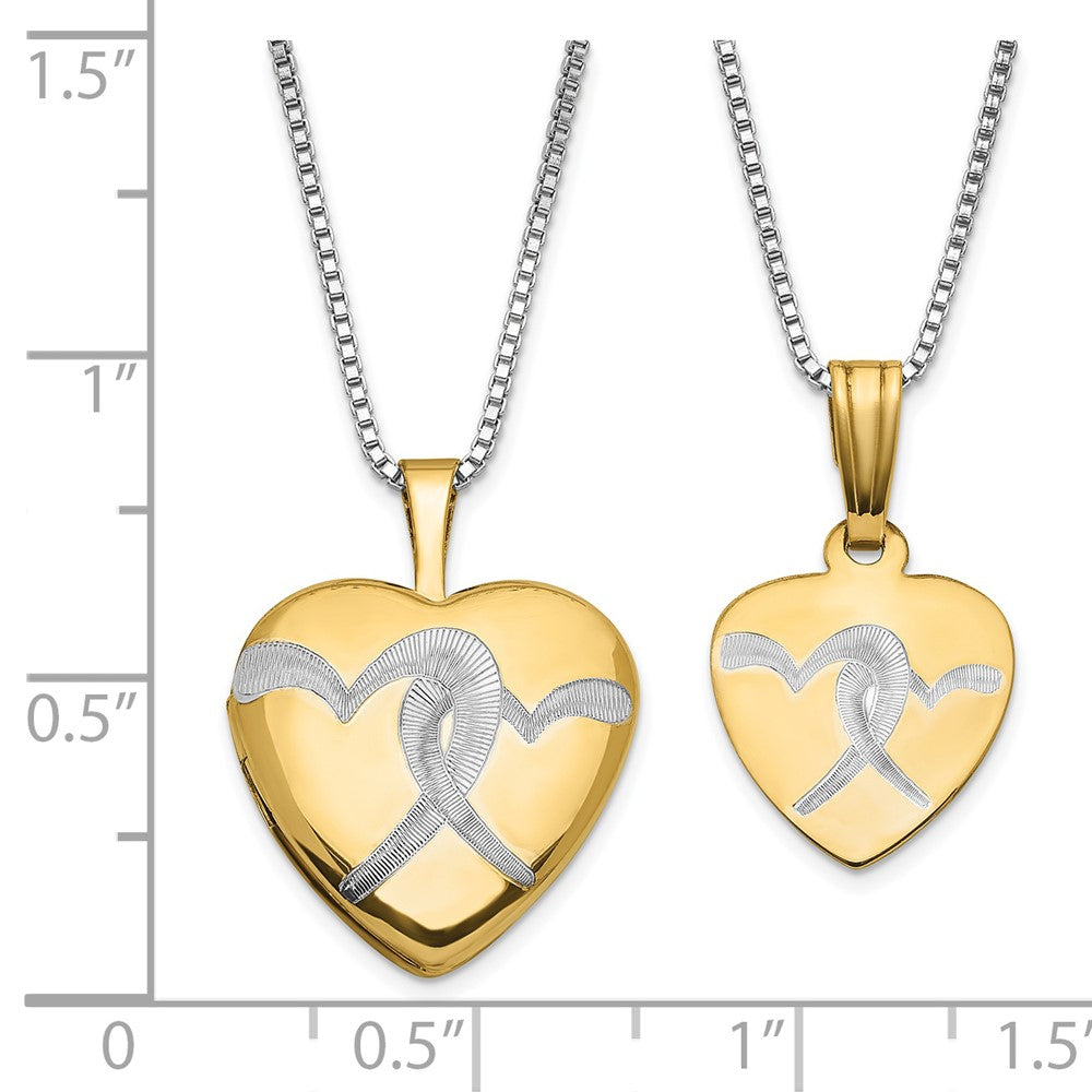 Sterling Silver Gold-plated Etched Double Heart 16mm 18in Locket & 14in Pendant Necklace Set