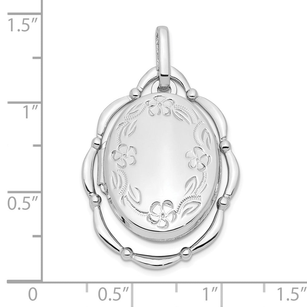 Sterling Silver Rhodium-plated 21x16mm Floral Oval Locket